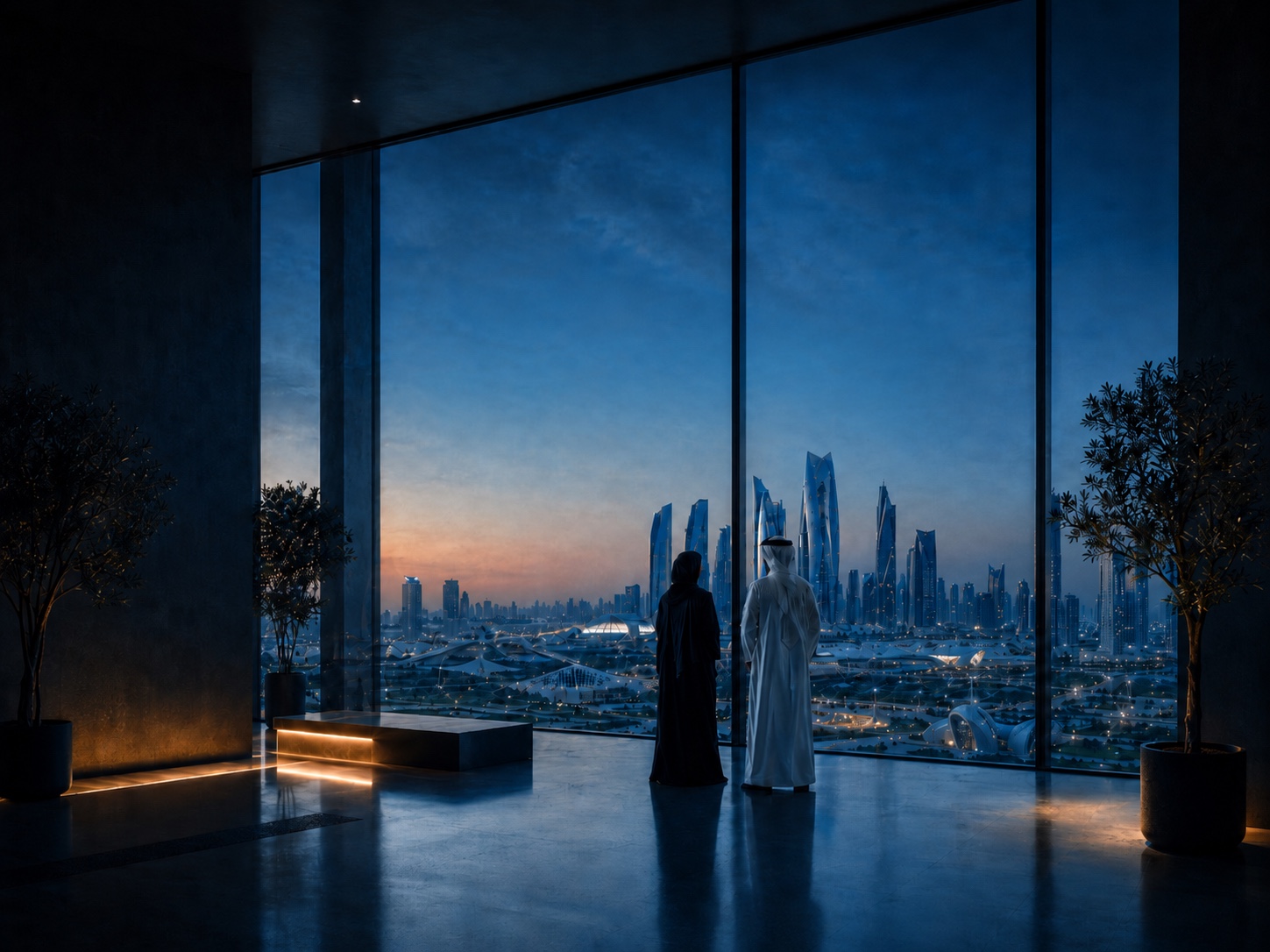 Two people viewing the Abu Dhabi skyline at dusk through the Institute's window — Institute for Policy Intelligence