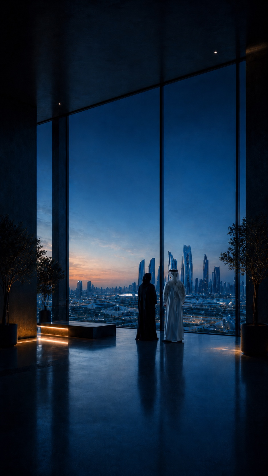 Two people viewing the Abu Dhabi skyline at dusk through the Institute's window — Institute for Policy Intelligence
